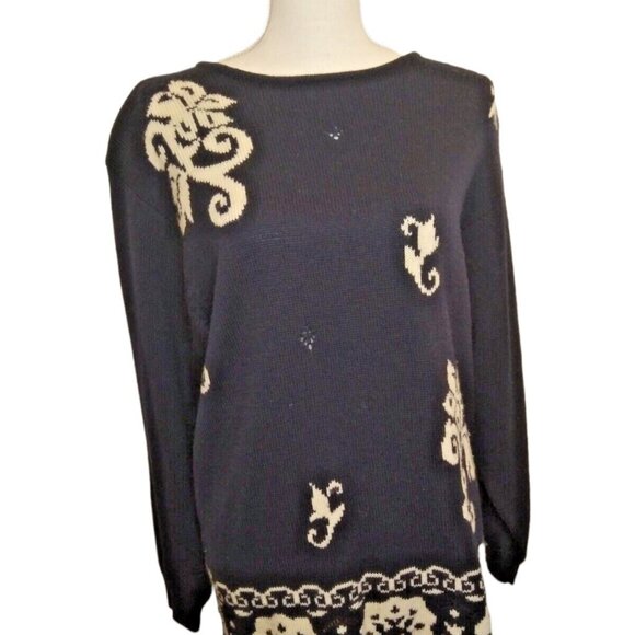Liz Claiborne Womens Top Medium/ Black w White Floral 100% Merino Wool Sweater - Picture 9 of 13